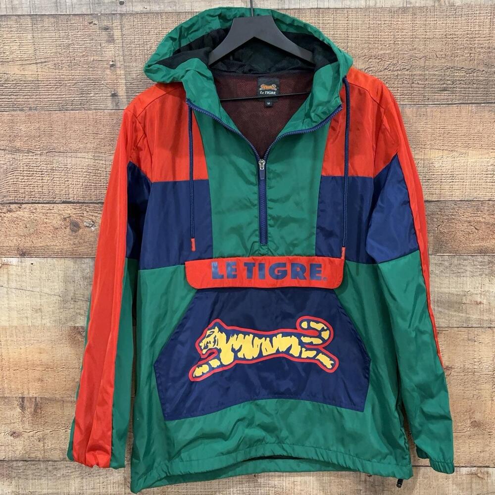 Le Tigre Jacket Mens Size M Green Colorblock Hooded 1/4 Zip Windbreaker Anorak